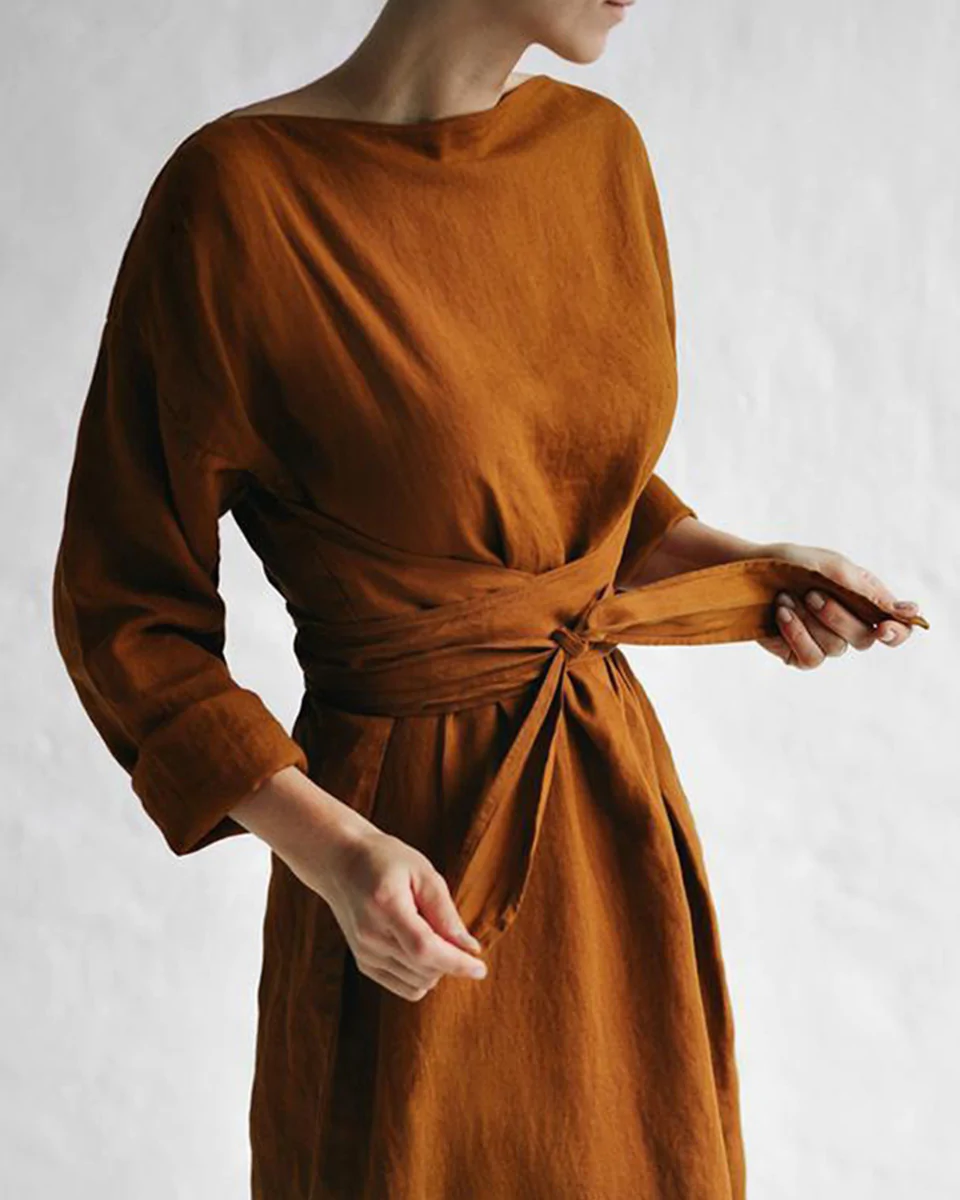 Macymars™ Women Casual Cotton Linen Lace-Up Maxi Dress