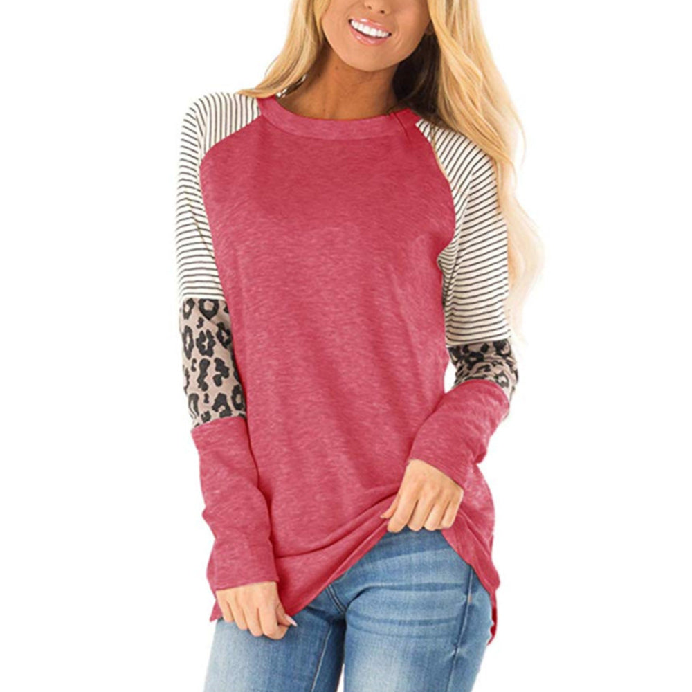 Macymars™ Striped Plunge Sleeve Leopard Print Long Sleeve T-shirt