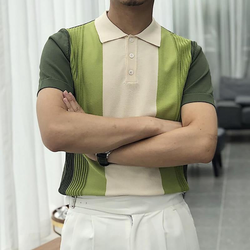 Macymars™ Fashionable Green Striped Knit Men's Bowling Shirt