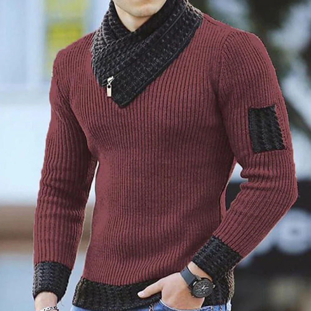 Macymars™ Men Scarf Neck Zip Up Contrast Trim Knitted Sweater