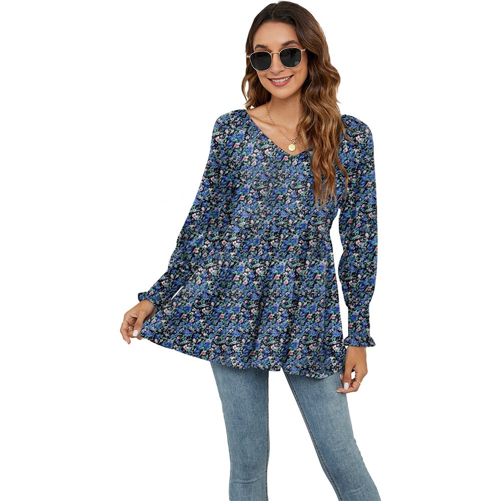 Macymars™ Women Swing Hem Long Sleeve Tops Bohemian Work Floral Print Pullover V Neck Tunic Blouse
