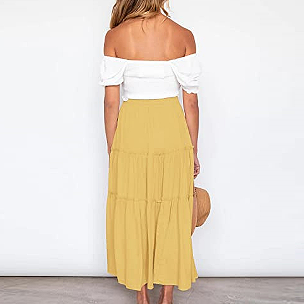 Macymars™ 2022 Summer Bohemian Elastic High Waist A Line Midi Skirt Casual Ruffle Long Skirt for Women