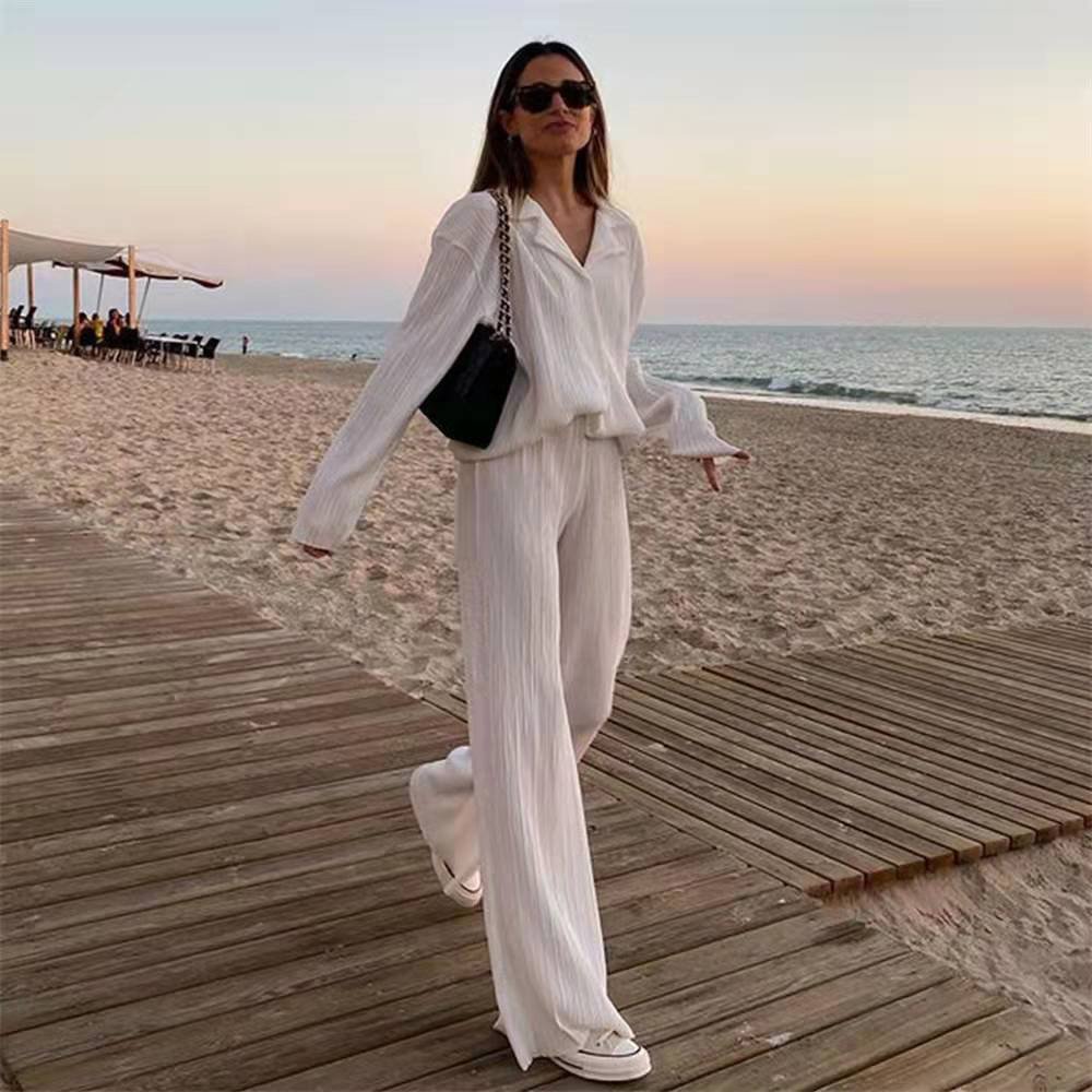 Macymars™ Women Clothing Retro Casual Fashion Fashion Suit 2022 Long Sleeve Loose-Fitting Pleated Wide Leg Pants Two-Piece Set