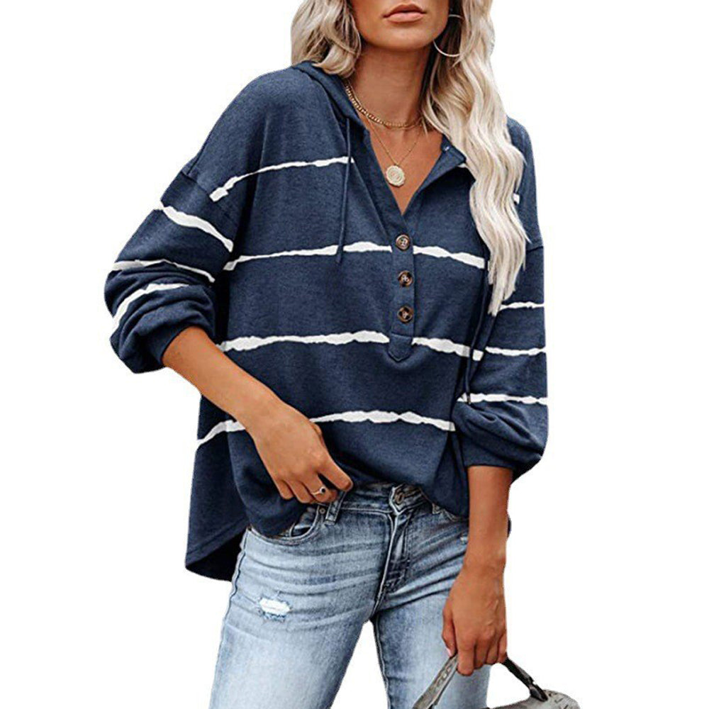 Macymars™ Women's Striped V-Neck Button Hooded Loose Long Sleeve Sweatshirt