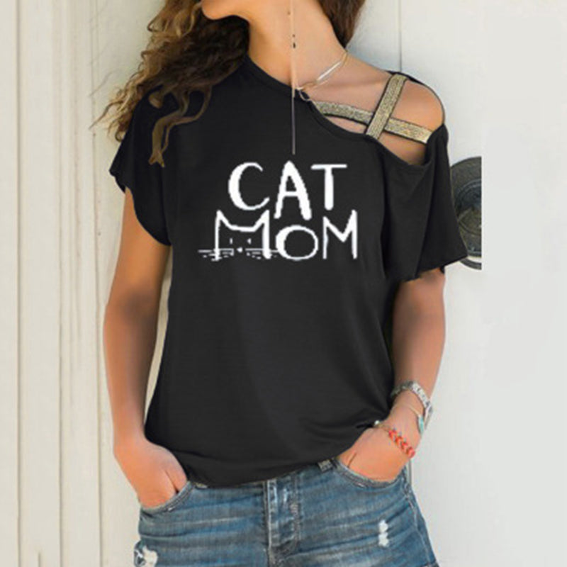 Macymars™ Spring And Summer Cat Mom Print Casual Slanted Shoulder Cross Irregular Short Sleeve Women's T-Shirt