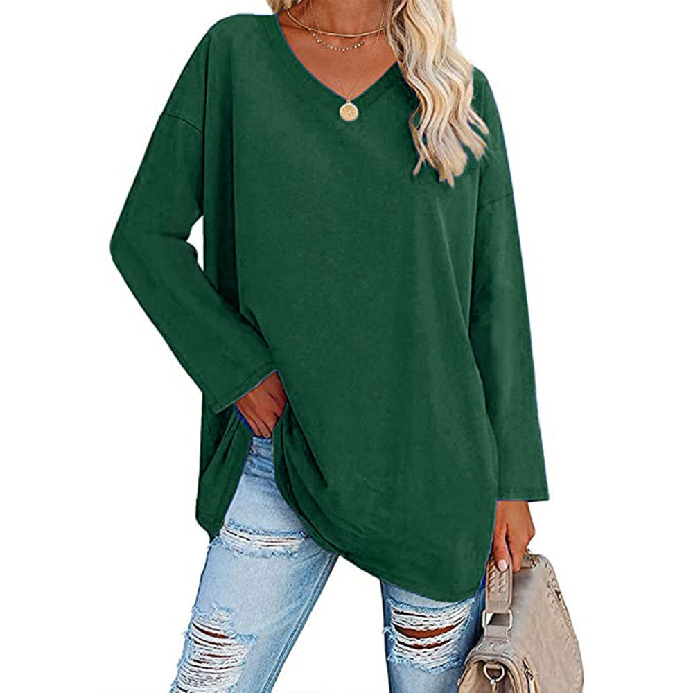 Macymars™ Women's Solid Color Fashion V-Neck Loose Long Sleeve T-Shirt