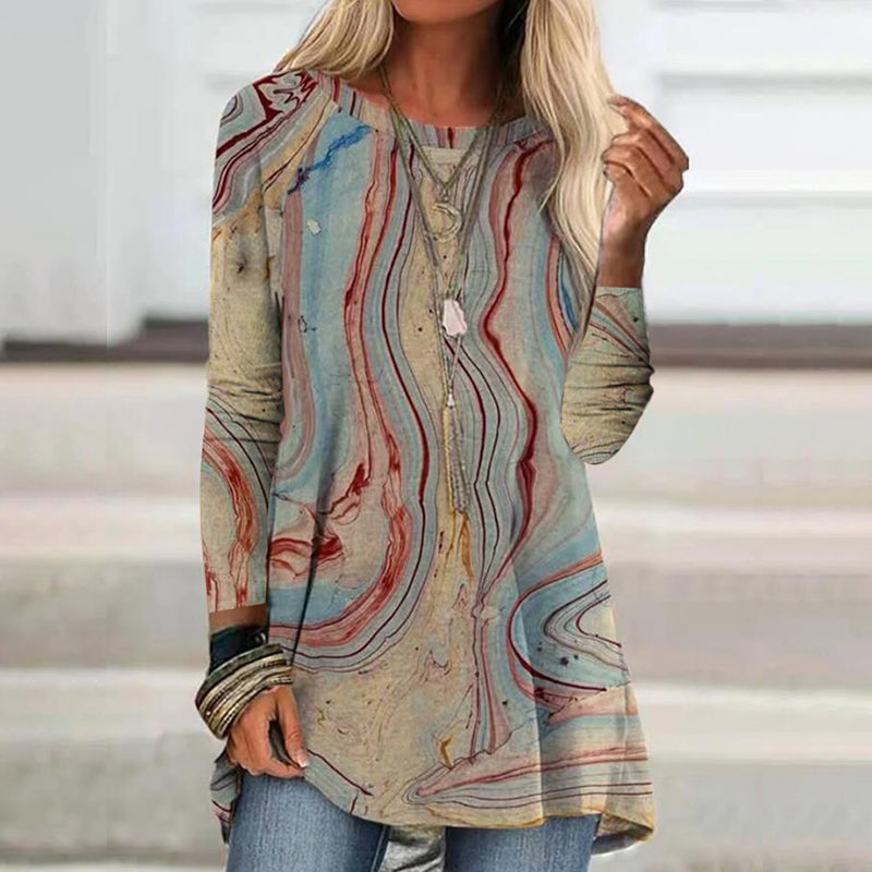 Macymars™ Autumn And Winter Creative Silky Fluid Print Round Neck Long Sleeve Women's T-Shirt