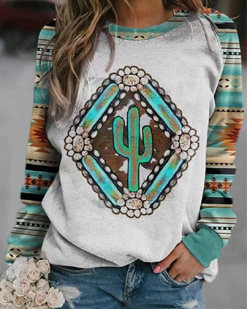 Macymars™ Women Retro Print Crew Neck Long Sleeve Sweatshirt Top