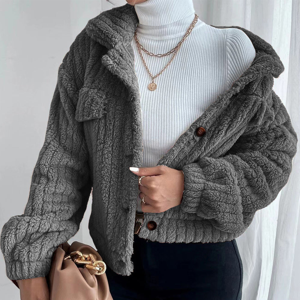 Macymars™ Women Autumn Plush Fashion Lapel Long Sleeve Jacket Casual Short Coats