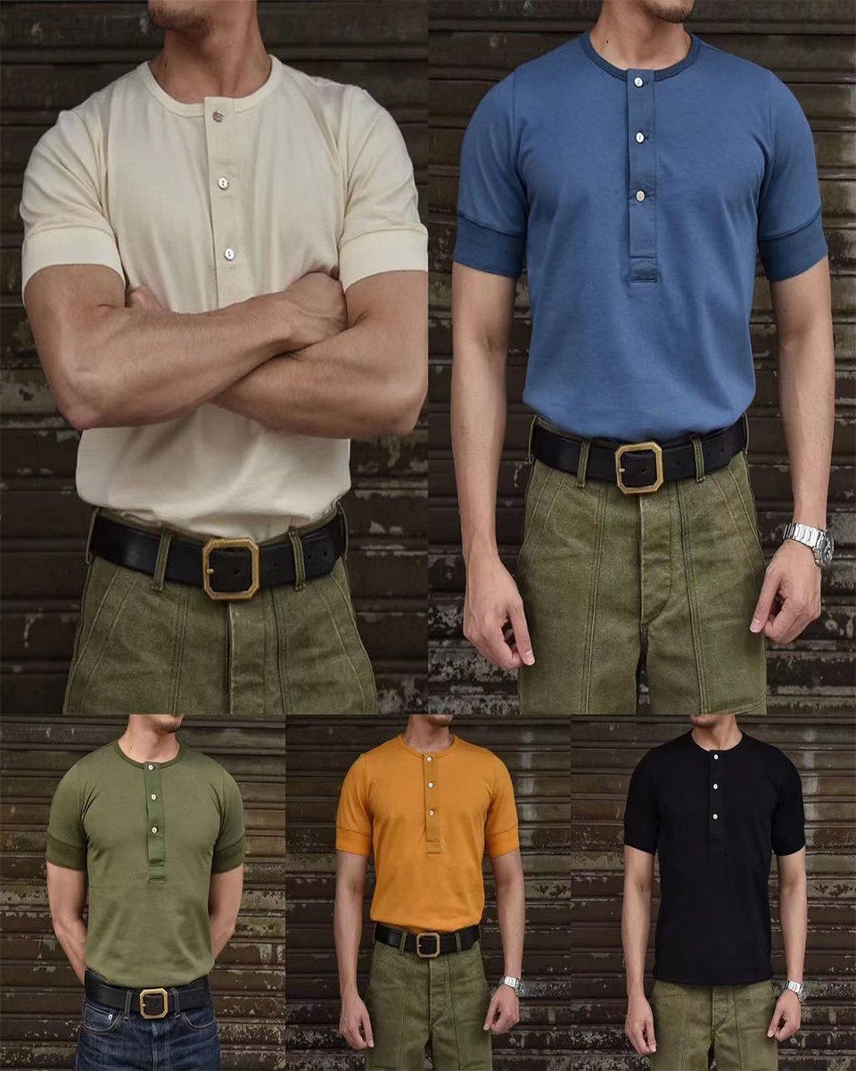 Macymars™ Vintage Men's Solid Color Round Neck Button Short Sleeve T-Shirt