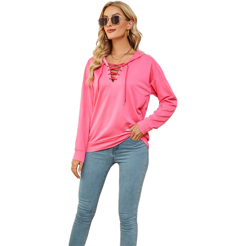 Macymars™ Women's Neck Tie Long Sleeve Hooded Sweatshirt