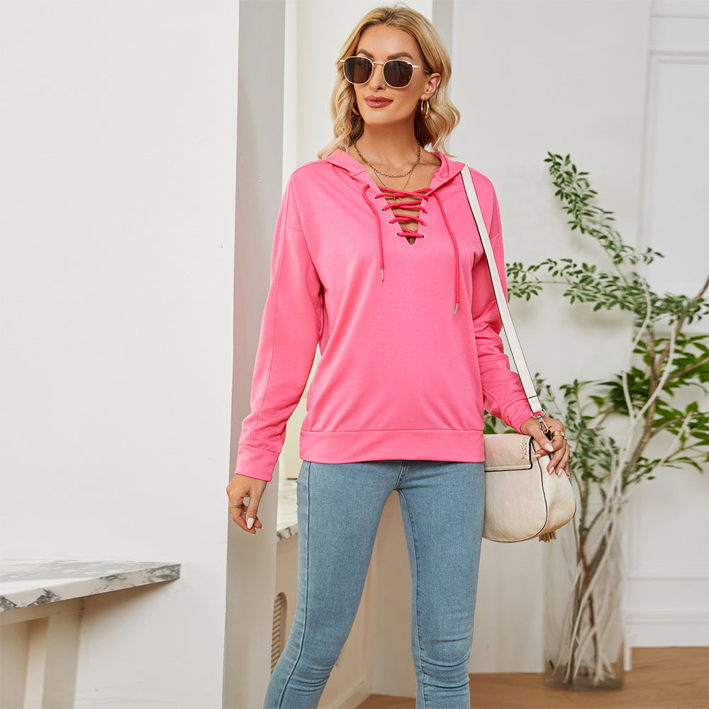 Macymars™ Women's Neck Tie Long Sleeve Hooded Sweatshirt