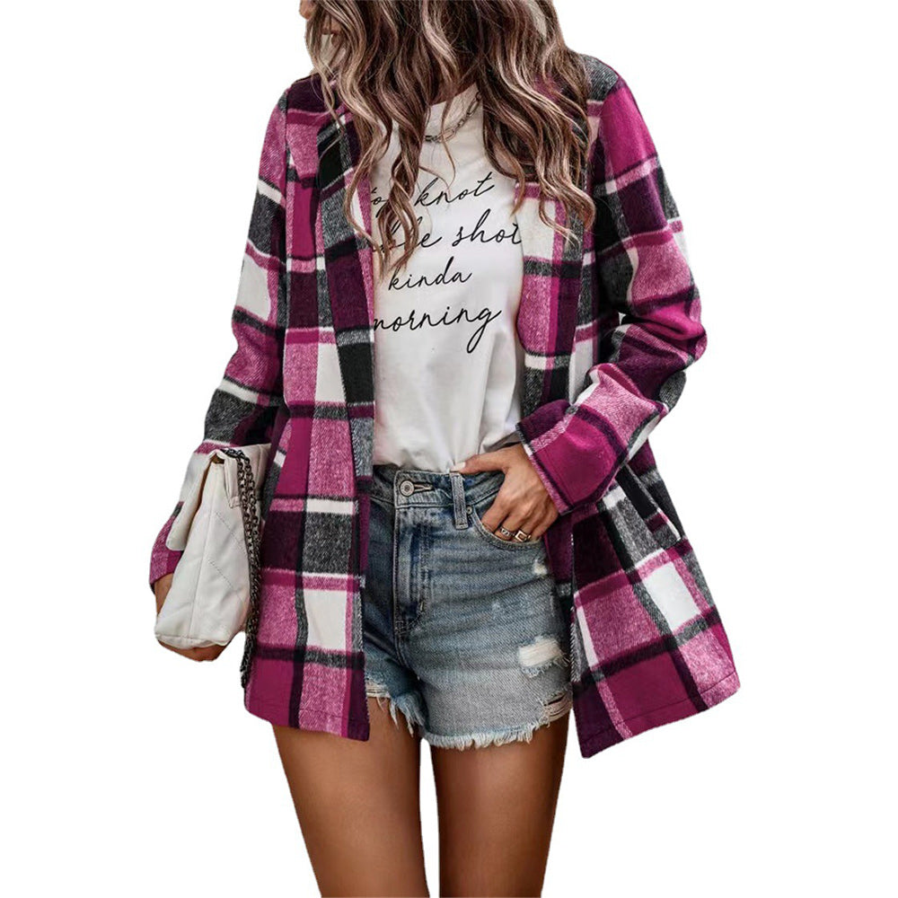 Macymars™ New Autumn Winter Women Warm Woolen Plaid Coat Office Lady Long Sleeve Shirt Cardigan