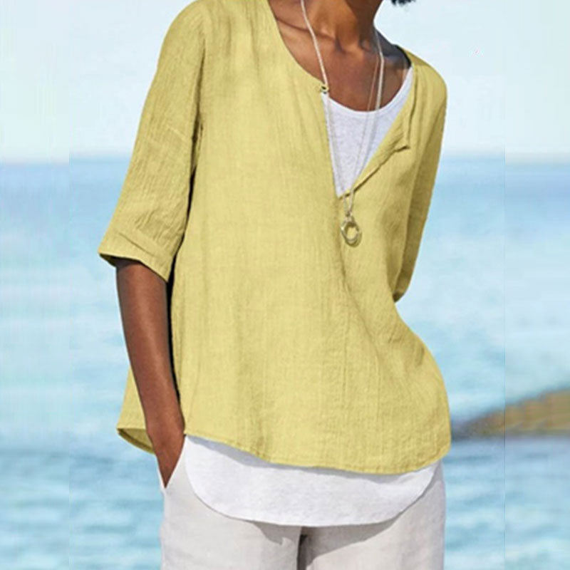 Macymars™ Fashion V Neck Solid Color Cotton And Linen Casual Women's Shirt