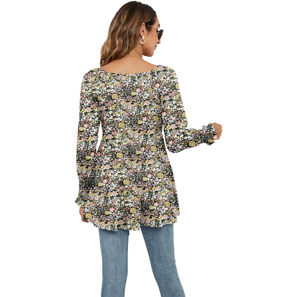 Macymars™ Women Swing Hem Long Sleeve Tops Bohemian Work Floral Print Pullover V Neck Tunic Blouse