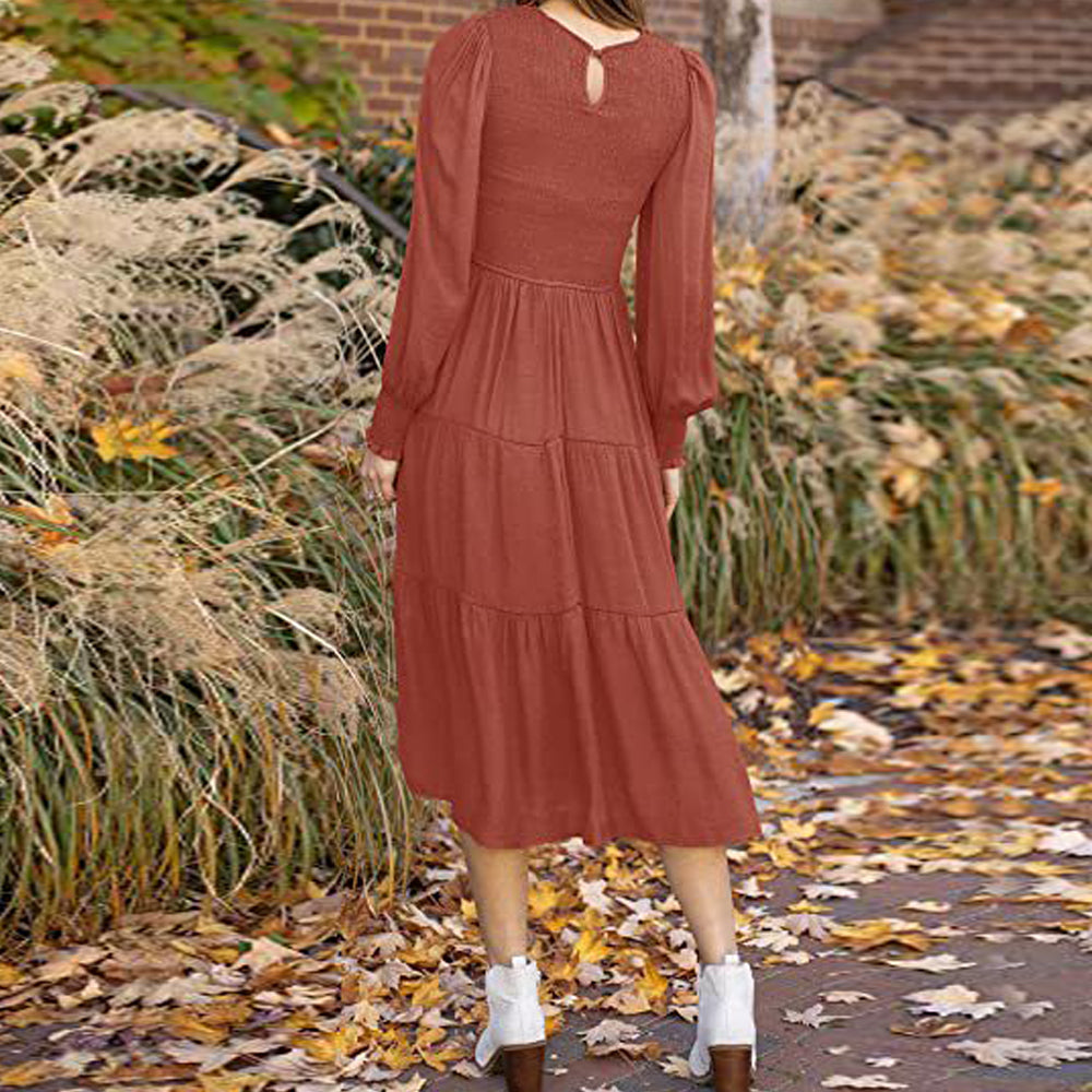 Macymars™ Women's Pleated Long Sleeve Round Neck Dress