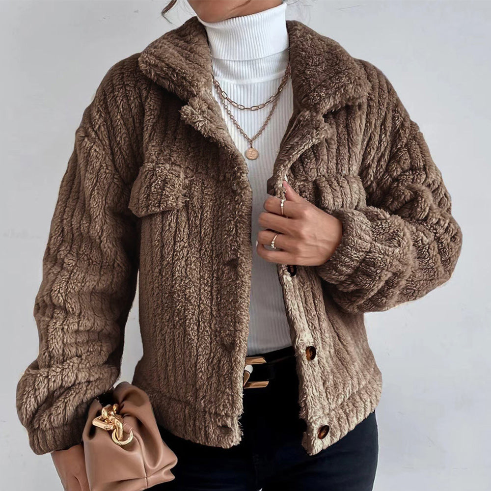 Macymars™ Women Autumn Plush Fashion Lapel Long Sleeve Jacket Casual Short Coats