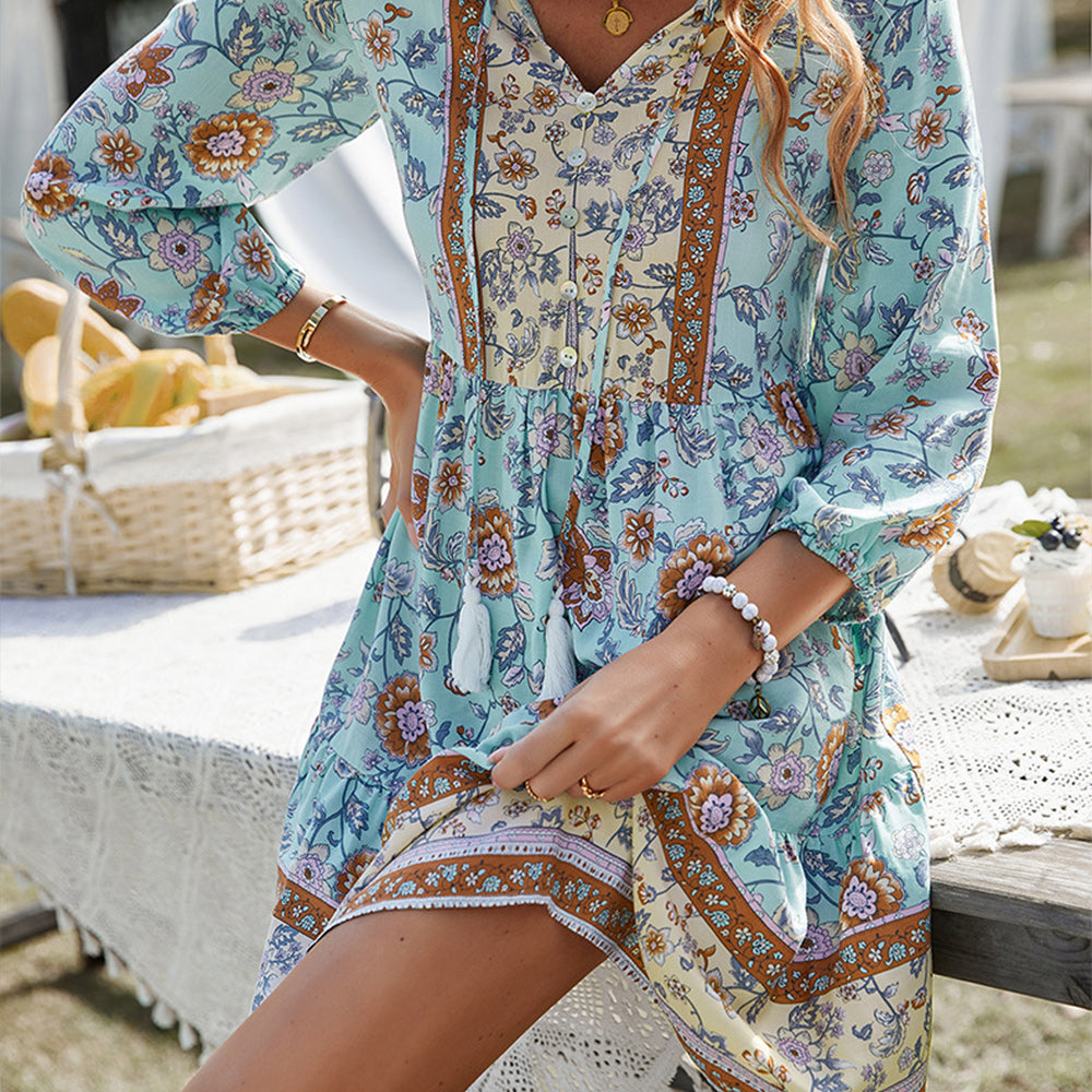 Macymars™ Casual V Neck Long Sleeve Spring Summer Floral Bohemian Short Dress for Women Boho Mini Skirt