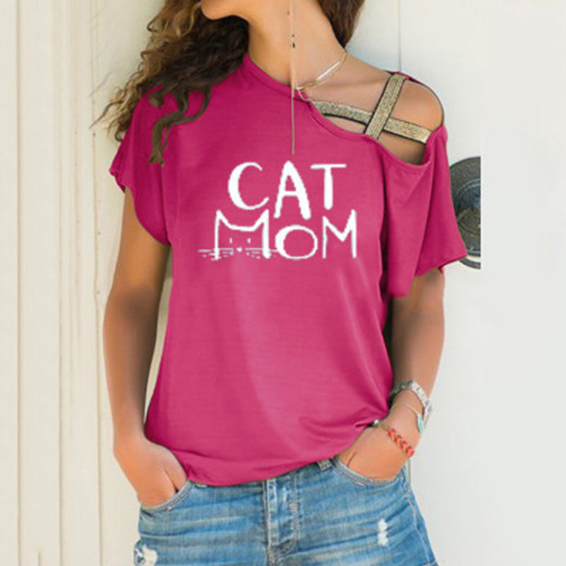 Macymars™ Spring And Summer Cat Mom Print Casual Slanted Shoulder Cross Irregular Short Sleeve Women's T-Shirt
