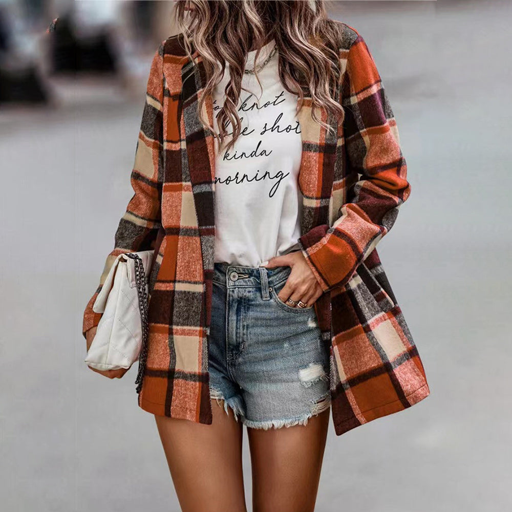 Macymars™ New Autumn Winter Women Warm Woolen Plaid Coat Office Lady Long Sleeve Shirt Cardigan