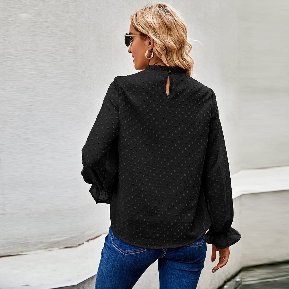 Macymars™ Women's Round Neck Chiffon Ruffle Loose Solid Color Fur Ball Polka Dot Blouse