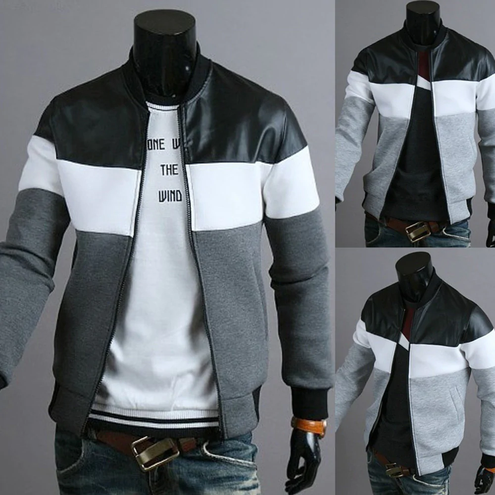 Macymars™ Leather Panel Zip Stand Collar Baseball Jacket