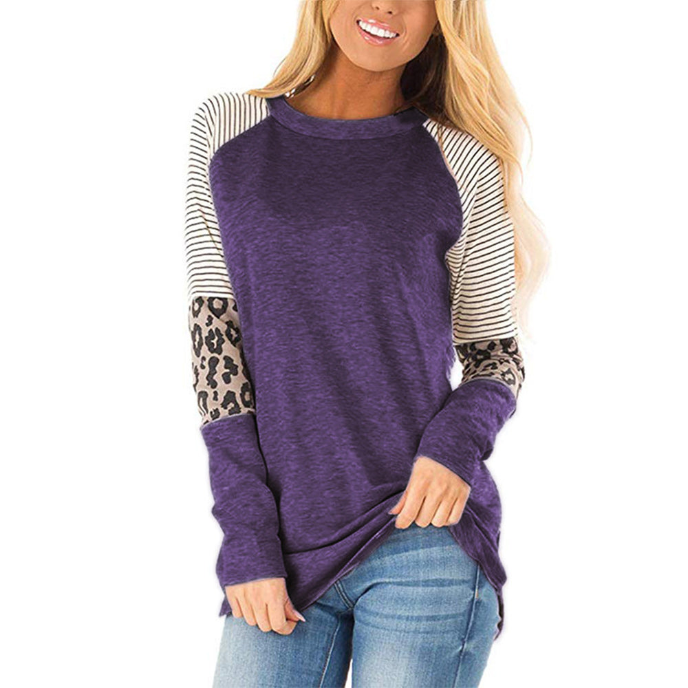 Macymars™ Striped Plunge Sleeve Leopard Print Long Sleeve T-shirt