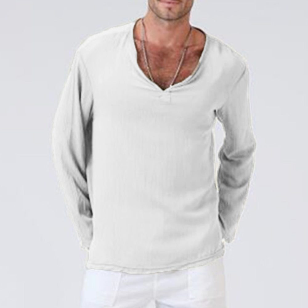 Macymars™ Men's Solid Color Linen V-Neck Long Sleeve T-Shirt
