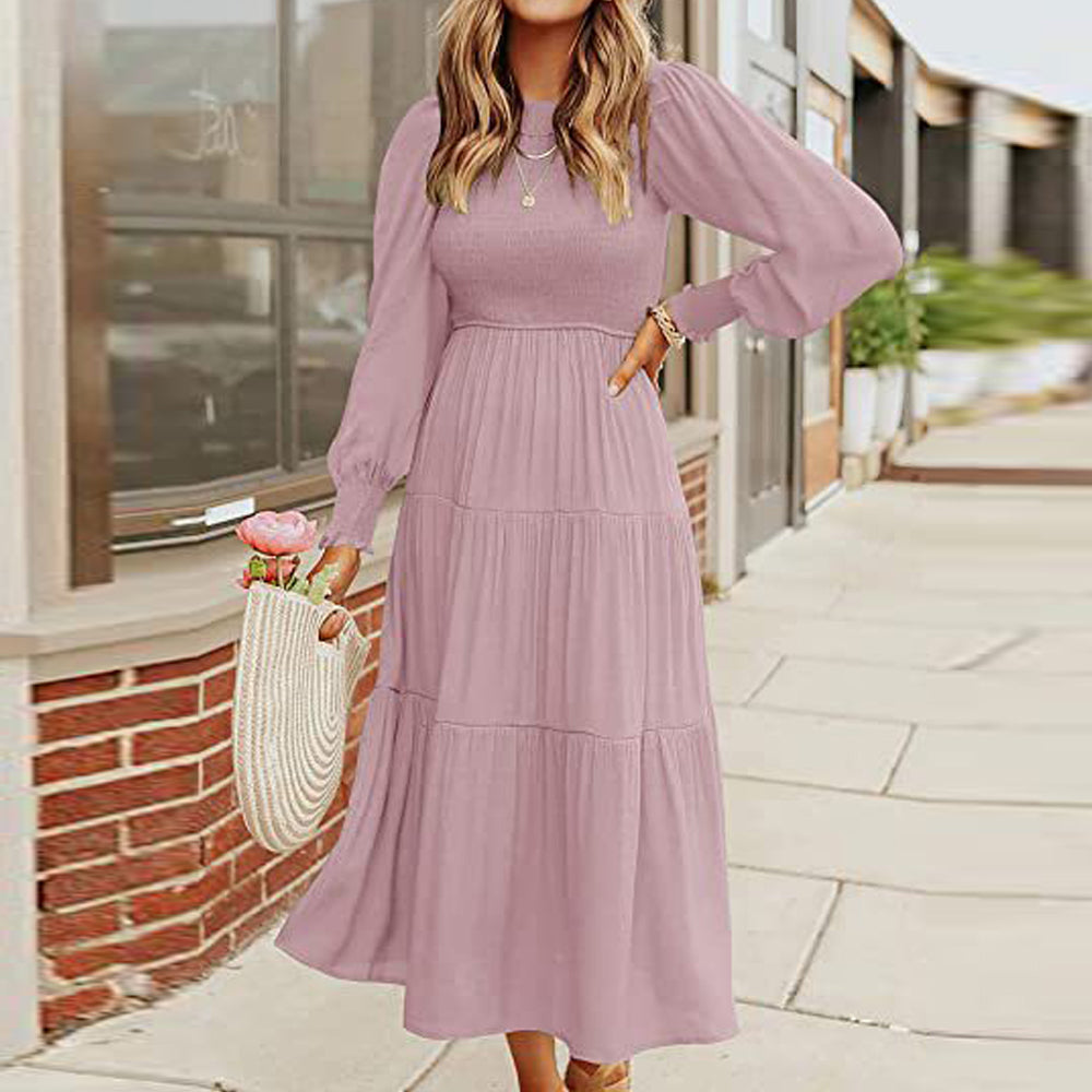 Macymars™ Women's Pleated Long Sleeve Round Neck Dress