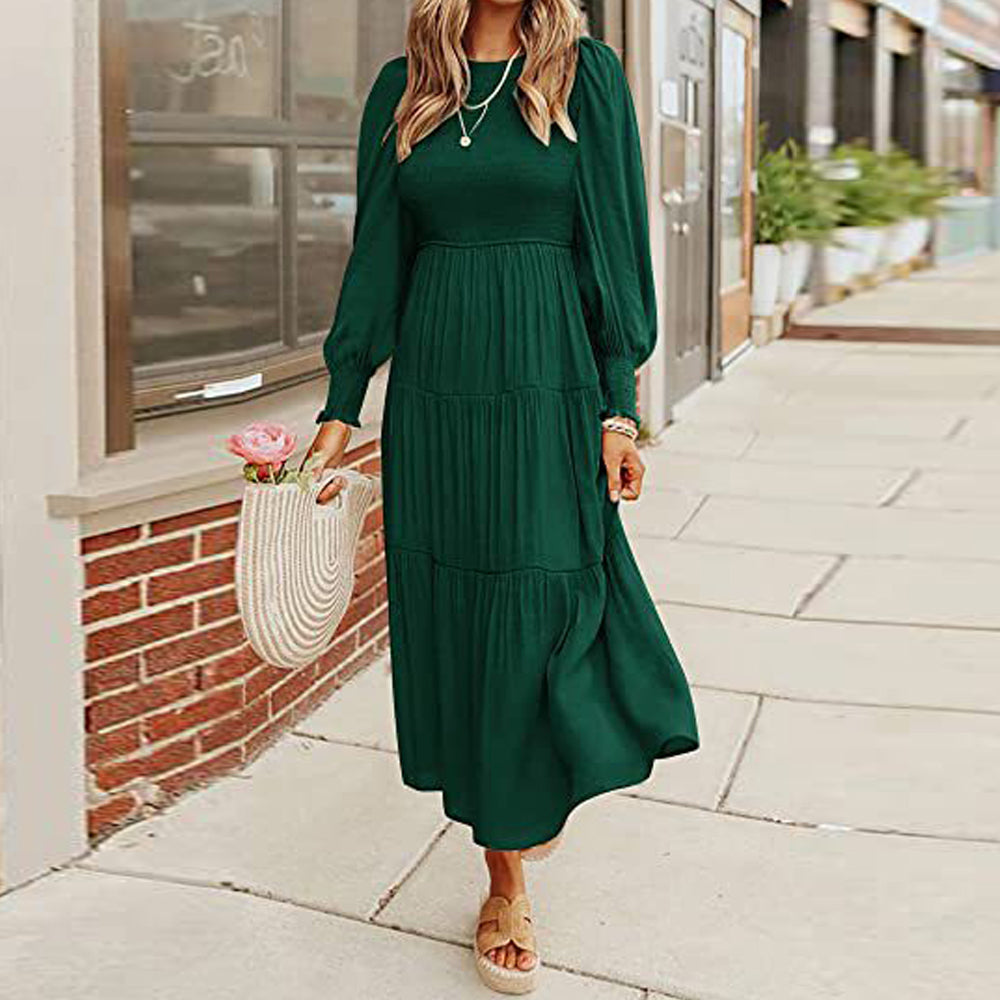 Macymars™ Women's Pleated Long Sleeve Round Neck Dress