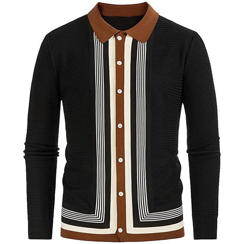 Macymars™ Men's Long Sleeve Black Knit Striped Business Cardigan