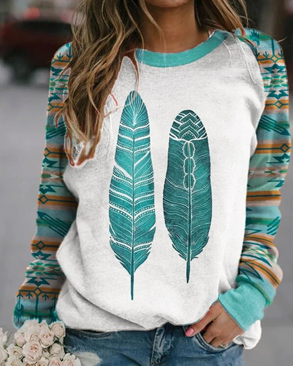 Macymars™ Women Retro Print Crew Neck Long Sleeve Sweatshirt Top