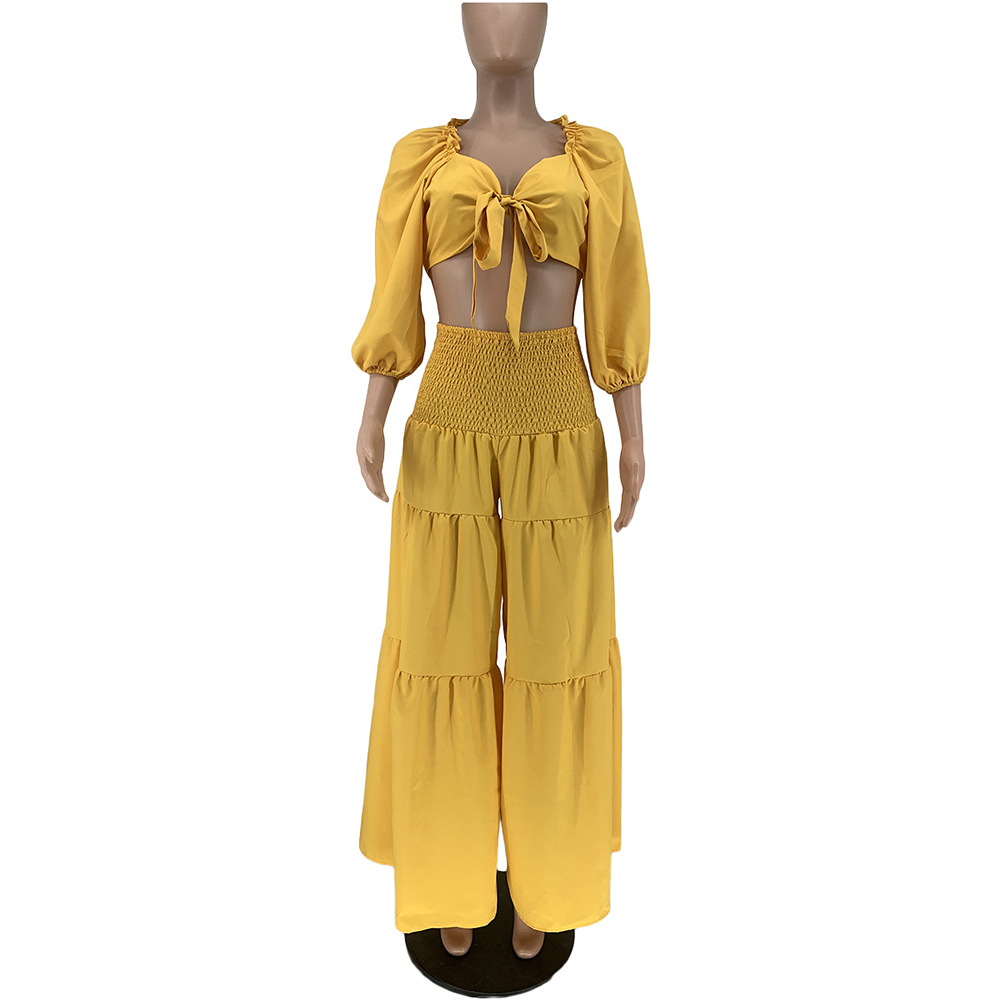 Macymars™ Fashion Casual Sexy Elastic Wide Leg Pants Set Pleated Solid Color Two Piece