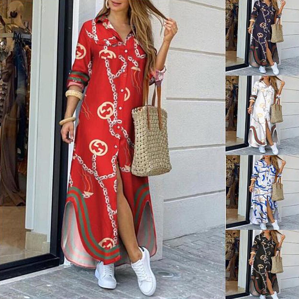 Macymars™ Fashion Buttoned Slit Shirt Party Casual Loose Long Sleeve Dresses