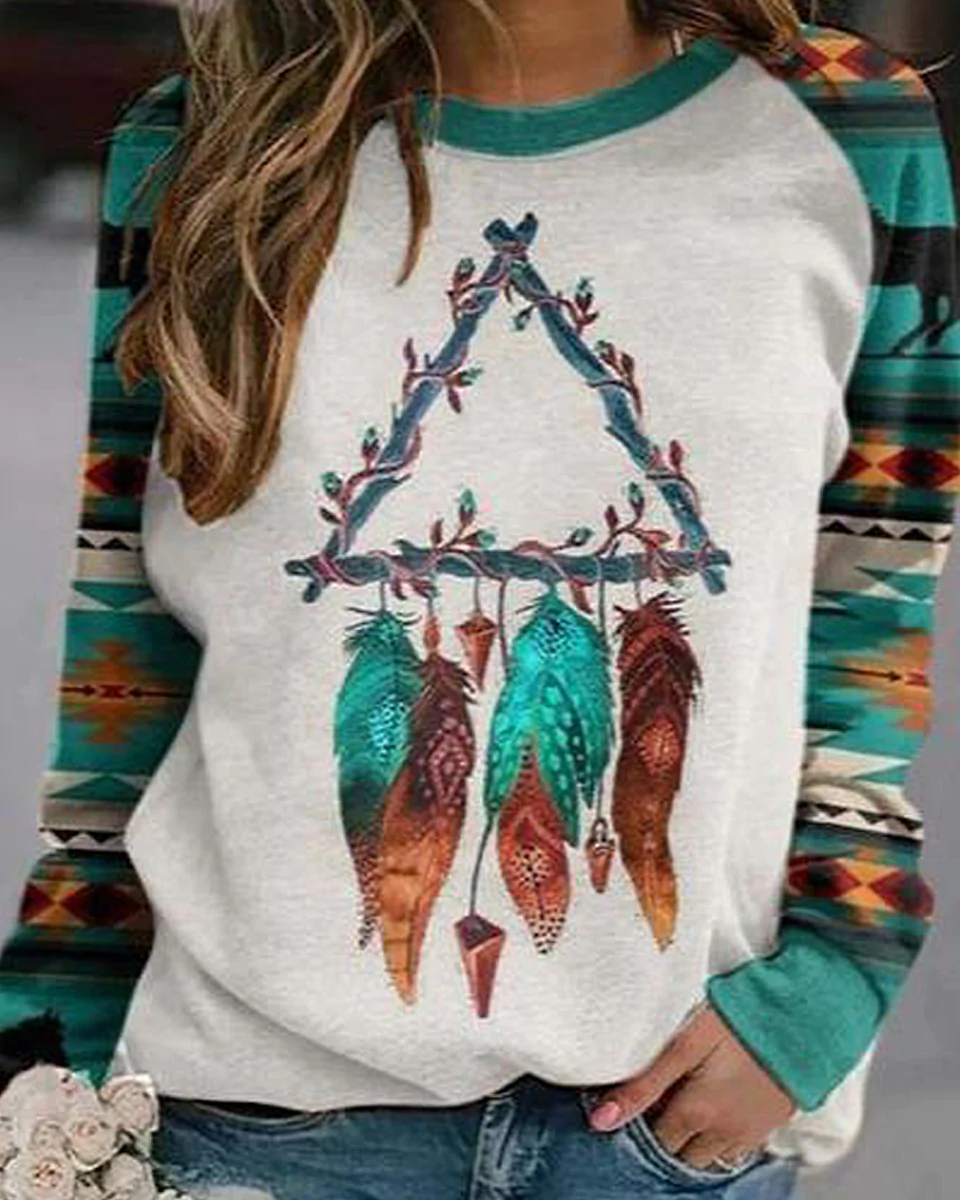 Macymars™ Women Retro Print Crew Neck Long Sleeve Sweatshirt Top