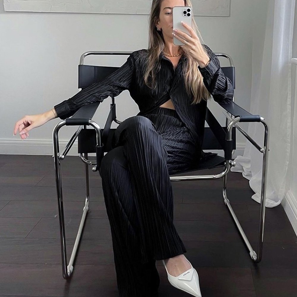 Macymars™ Women Clothing Retro Casual Fashion Fashion Suit 2022 Long Sleeve Loose-Fitting Pleated Wide Leg Pants Two-Piece Set