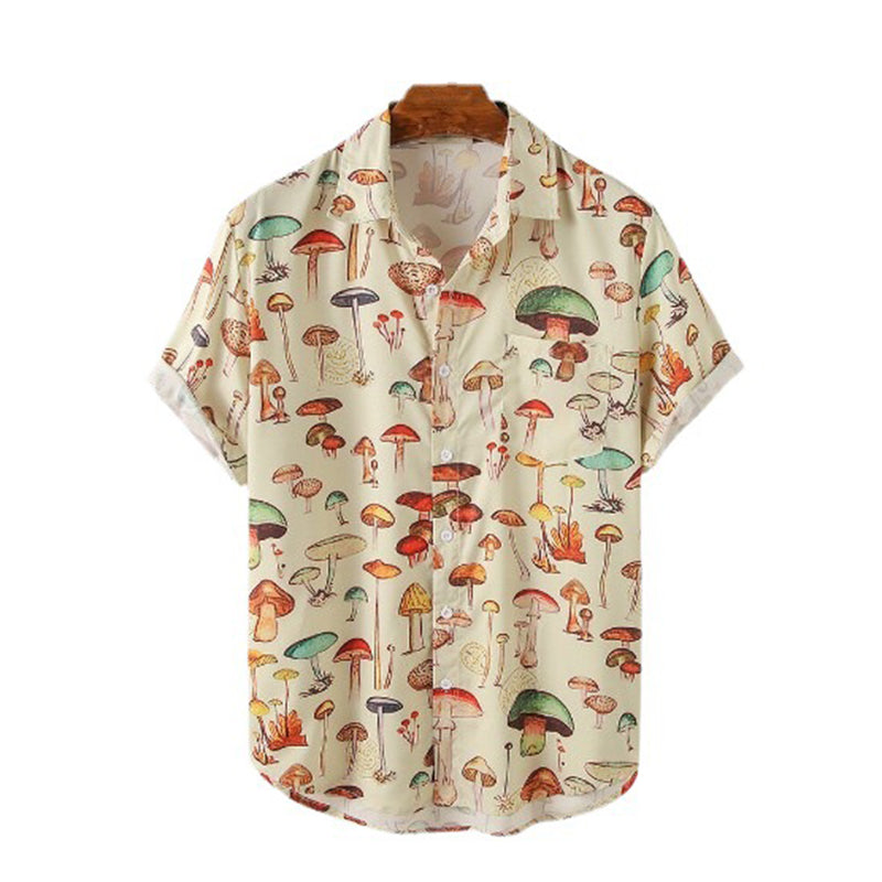 Macymars™ Playful Mushroom Print Trendy Lapel Plus Size Men's Bowling Shirt