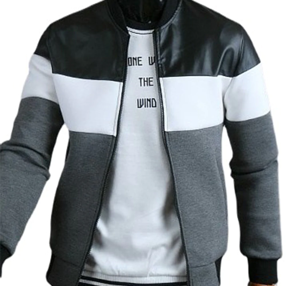 Macymars™ Leather Panel Zip Stand Collar Baseball Jacket