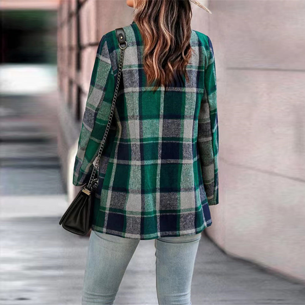 Macymars™ New Autumn Winter Women Warm Woolen Plaid Coat Office Lady Long Sleeve Shirt Cardigan