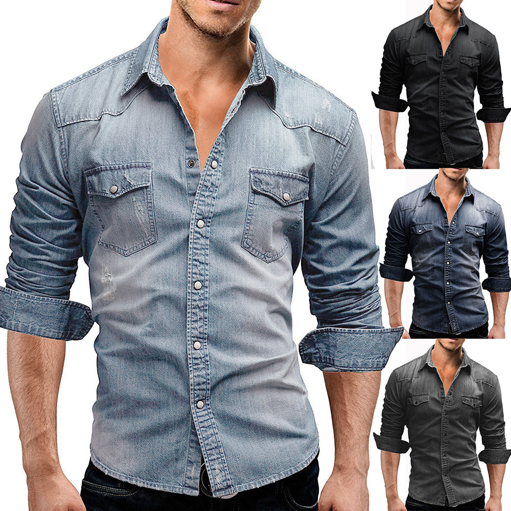 Macymars™ Men's Long Sleeve Lapel Pocket Denim Shirt