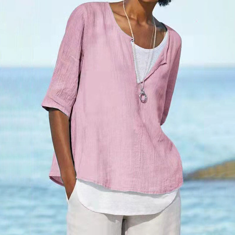 Macymars™ Fashion V Neck Solid Color Cotton And Linen Casual Women's Shirt