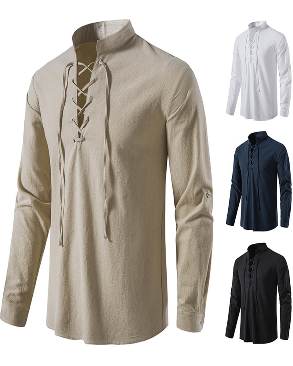 Macymars™ Men's Cotton Linen Henley Stand Collar Casual Shirt