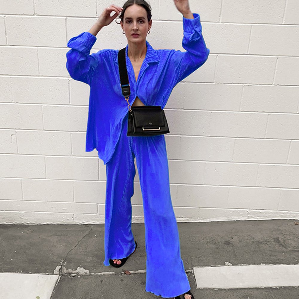 Macymars™ Women Clothing Retro Casual Fashion Fashion Suit 2022 Long Sleeve Loose-Fitting Pleated Wide Leg Pants Two-Piece Set