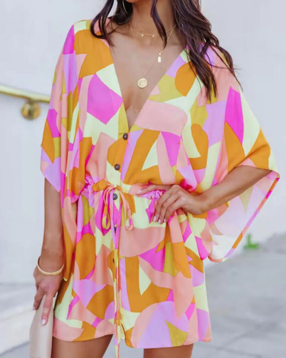 Macymars™ Printed V-Neck Bat Sleeve Button Drawstring Dress 2022 New