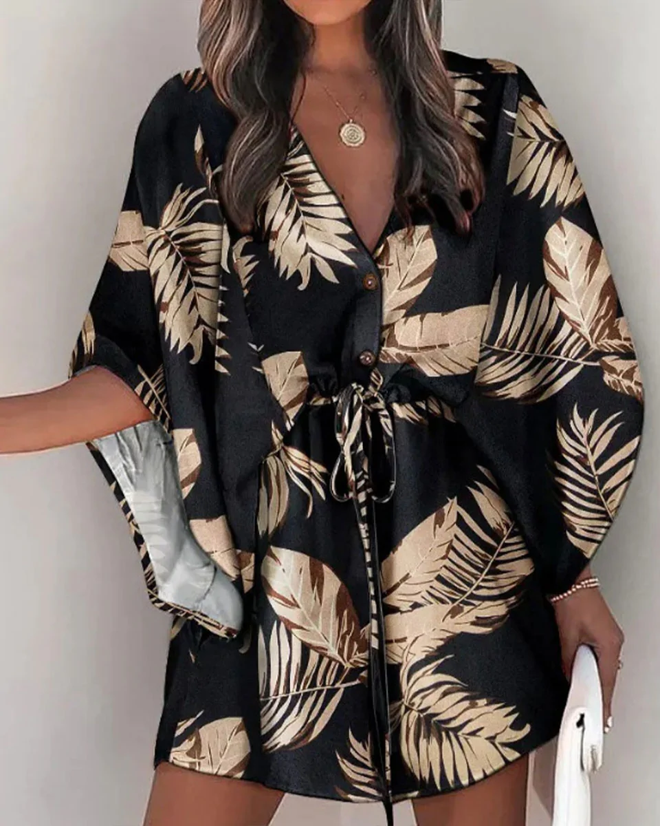 Macymars™ Printed V-Neck Bat Sleeve Button Drawstring Dress 2022 New