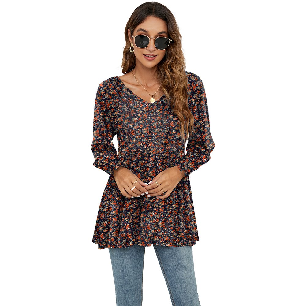 Macymars™ Women Swing Hem Long Sleeve Tops Bohemian Work Floral Print Pullover V Neck Tunic Blouse