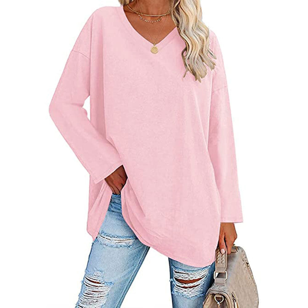 Macymars™ Women's Solid Color Fashion V-Neck Loose Long Sleeve T-Shirt