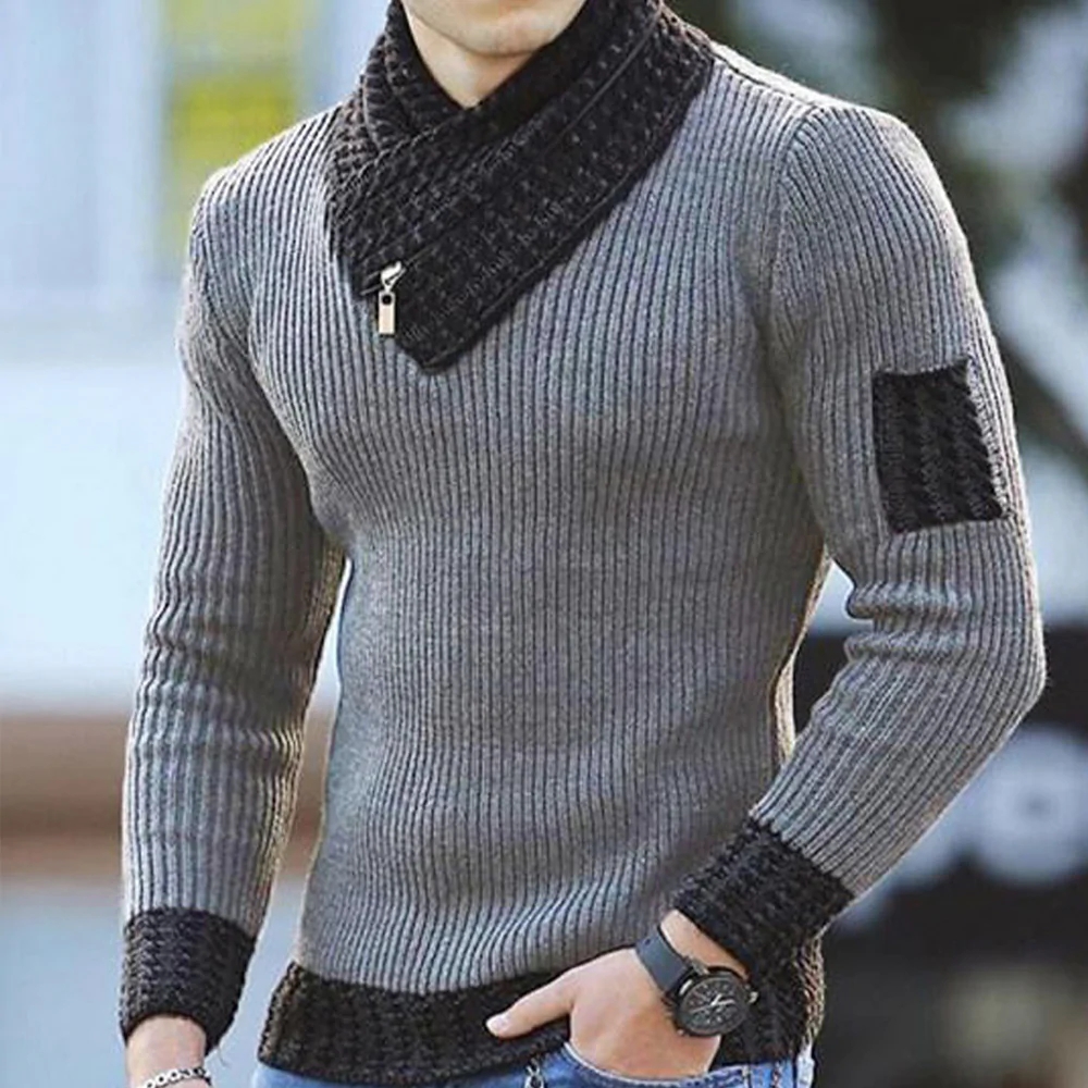 Macymars™ Men Scarf Neck Zip Up Contrast Trim Knitted Sweater