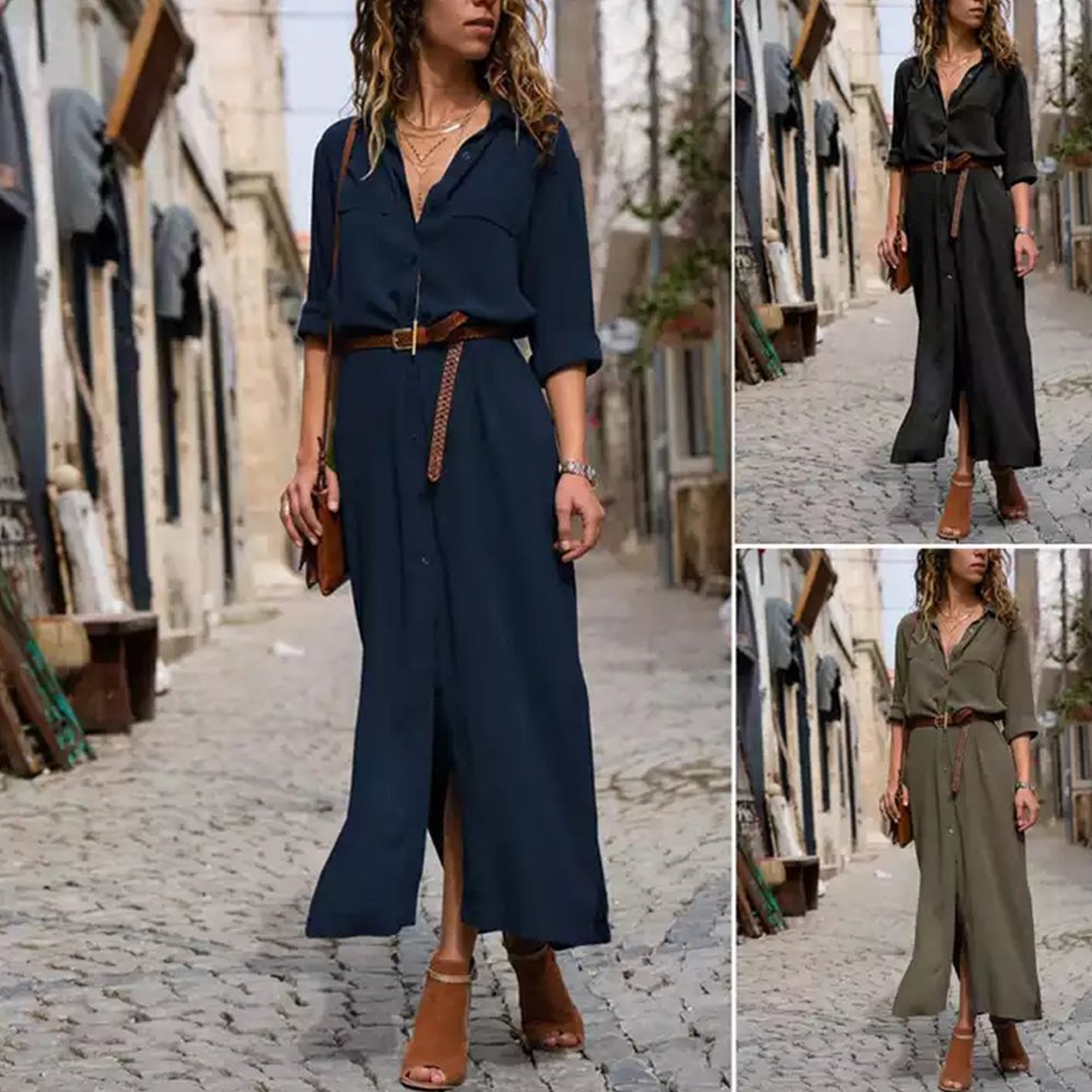 Macymars™ Summer and Autumn Deep V Long Sleeve Solid Women Maxi Dress