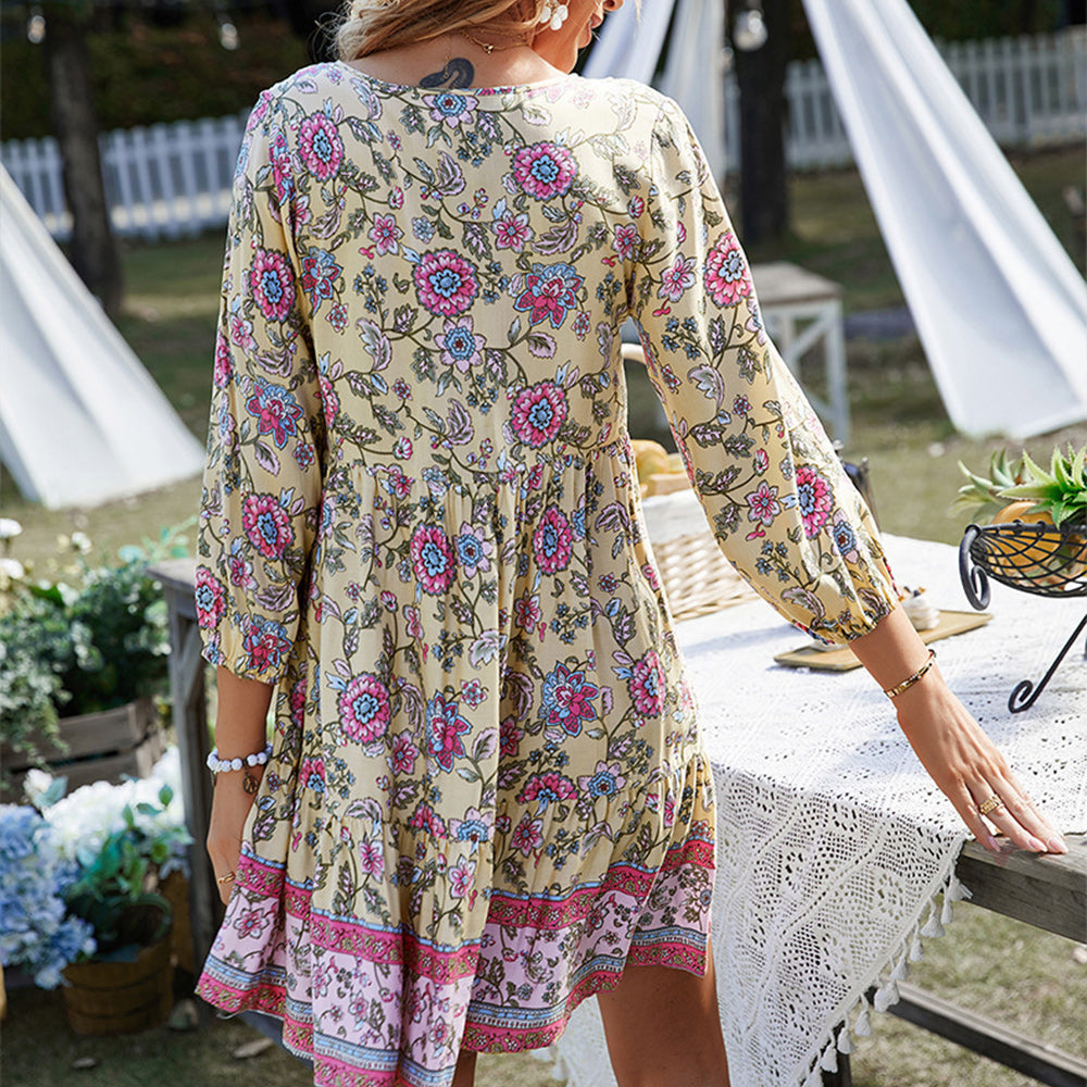 Macymars™ Casual V Neck Long Sleeve Spring Summer Floral Bohemian Short Dress for Women Boho Mini Skirt